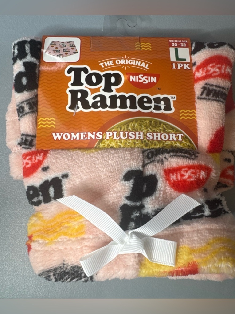 Nissin top ramen logo pastel pink Plush Lounge Shorts with hot Ramen soup Print
